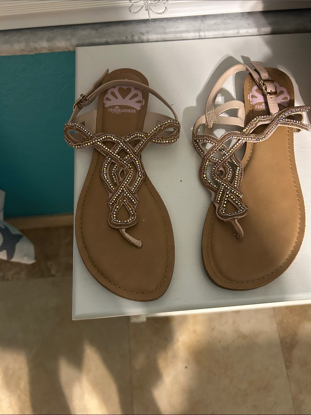 Fergalicious Pink Beaded T-Strap Sandals